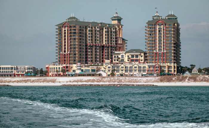 photo of destin's high rise condo buildings taken from the water