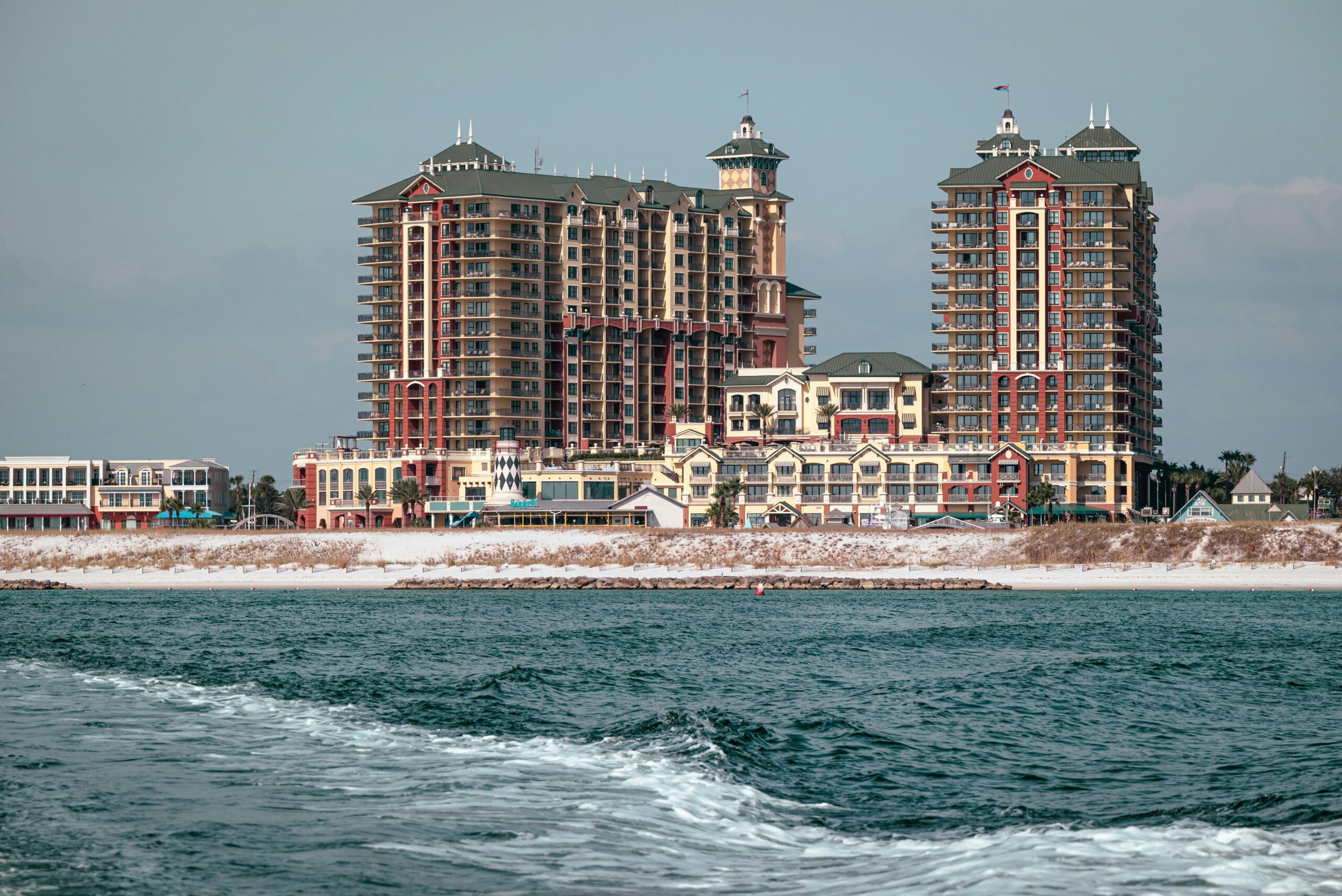 photo of destin's high rise condo buildings taken from the water